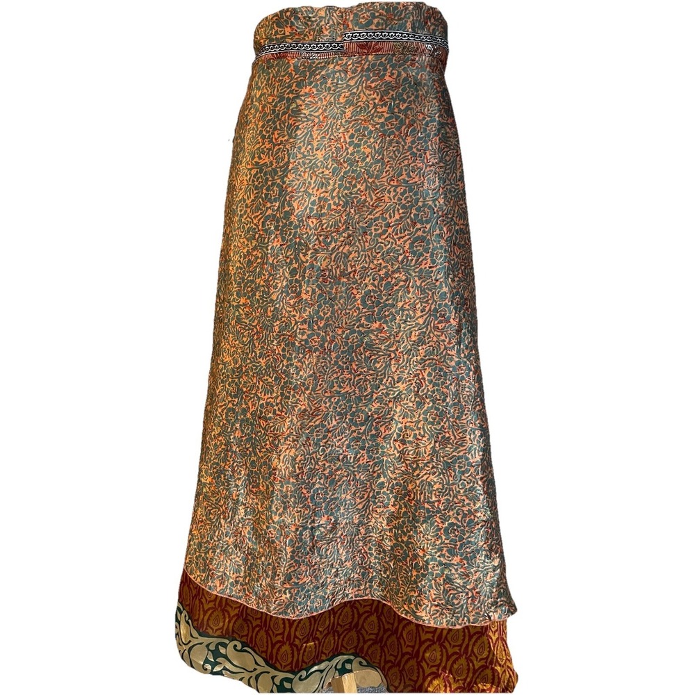 Kariza Vintage Reversible Wrap Maxi Skirt OS Layered Blue Gold Red Boho Peasant - Picture 6 of 14